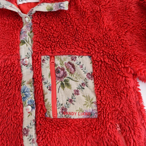 Sandy Liang Boxbox Red Fleece Snap Front Floral Patchwork  Teddy Bear Jacket M - Picture 7 of 13
